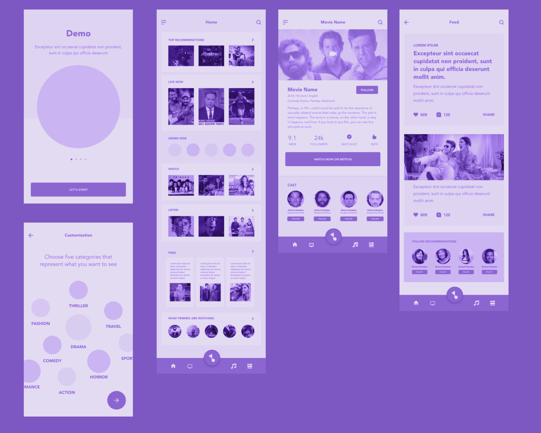 Dekho onboarding, homepage, movie-detail and feed wireframes