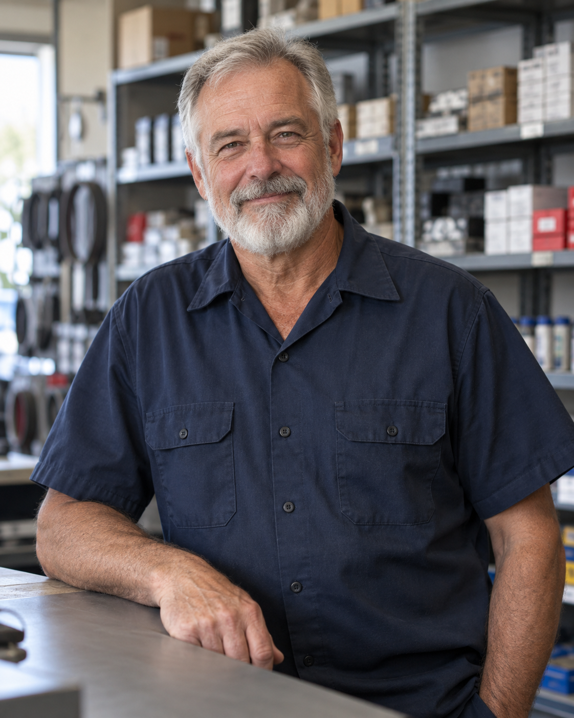 Portrait representing an older dealership parts professional